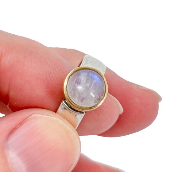Rainbow Moonstone Gold Accent Bezel Ring | Sterling Silver 925 | Size 6 - Picture 14 of 15